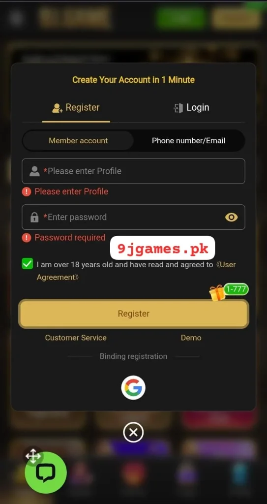 9j Register your account