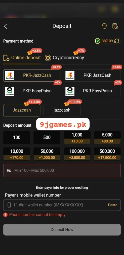 9j deposit methods
